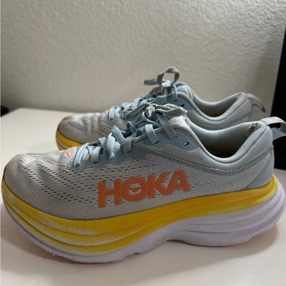 Hoka bondi 8 Gray and Orange Athletic Shoes - Picture 3 of 6